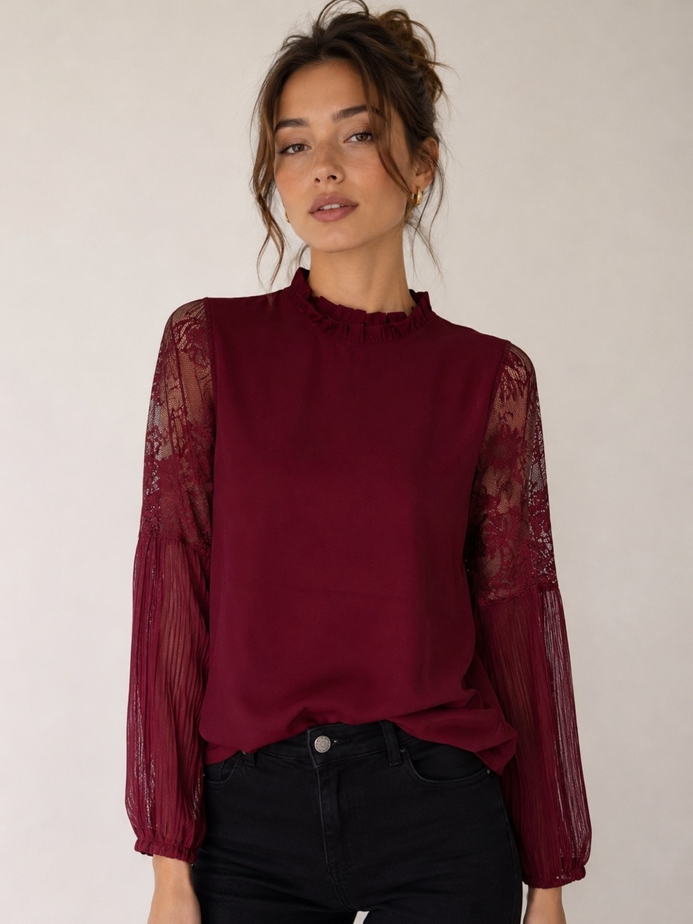 Burgundy Lace Sleeve Blouse Size Small | Sheer Long Sleeve Dressy Top